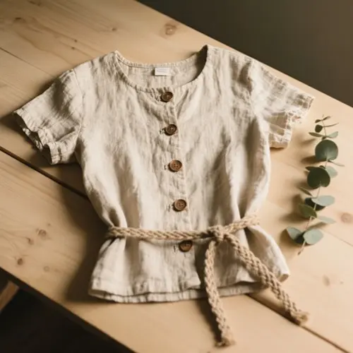 亞麻短袖排扣上衣